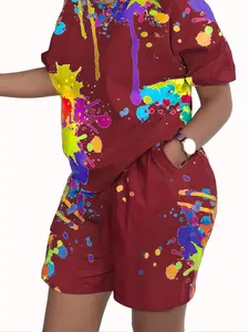 Plus Size Paint Splatter Print Short-Sleeve & Shorts Set Casual Loose Fit Two-Piece Outfit, Y2K Clothes Summer Daily Wear, Trendy Artistic Sets, Comfortable Relaxed Fit Casual Ensembles, Stylish Vibrant Pattern Detail Party Casual Wear
