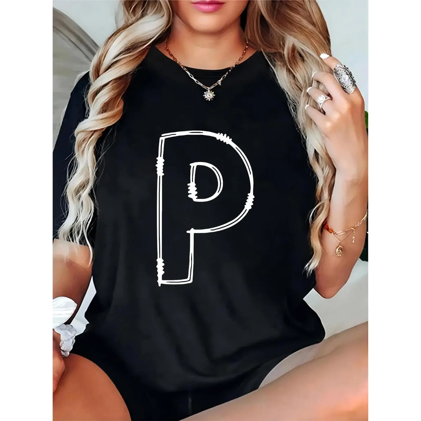 Women’s Black T-Shirt with Hand-Drawn Initial Letter P, Casual Daily & Everyday Wear, Personalized Monogram Graphic Tee