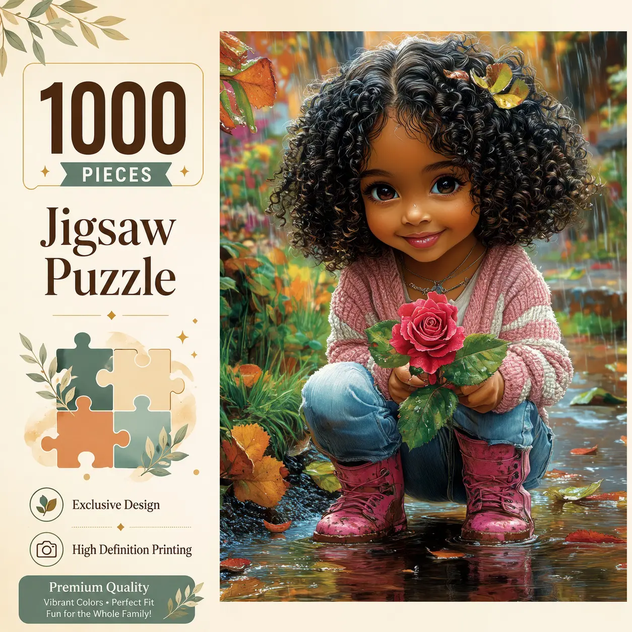 Autumn Rose Girl 1000 Pieces Jigsaw Puzzle, Cute Rainy Day Floral Art for Adults, Challenging Family Game for Stress Relief Relaxation Brain Exercise, Wall Decor Gift for Girls Women and Seniors, 19.7×29.5 inches（50×75cm）