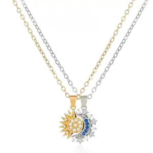 18k Gold Plated Stainless Steel Sun and Moon Pendant Necklace Set Nickel Free Magnetic Stackable Couple Jewelry Gift for Women Men Friends Birthday Party