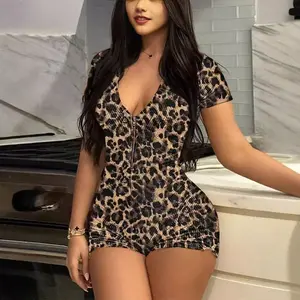 Women's Sexy Leopard Print V-Neck Zip-Up Romper Shorts - Stretchy Machine-Washable Animal Jumpsuit for Spring Summer Fall, Elegant Special Collection Polyester Shortsleeve