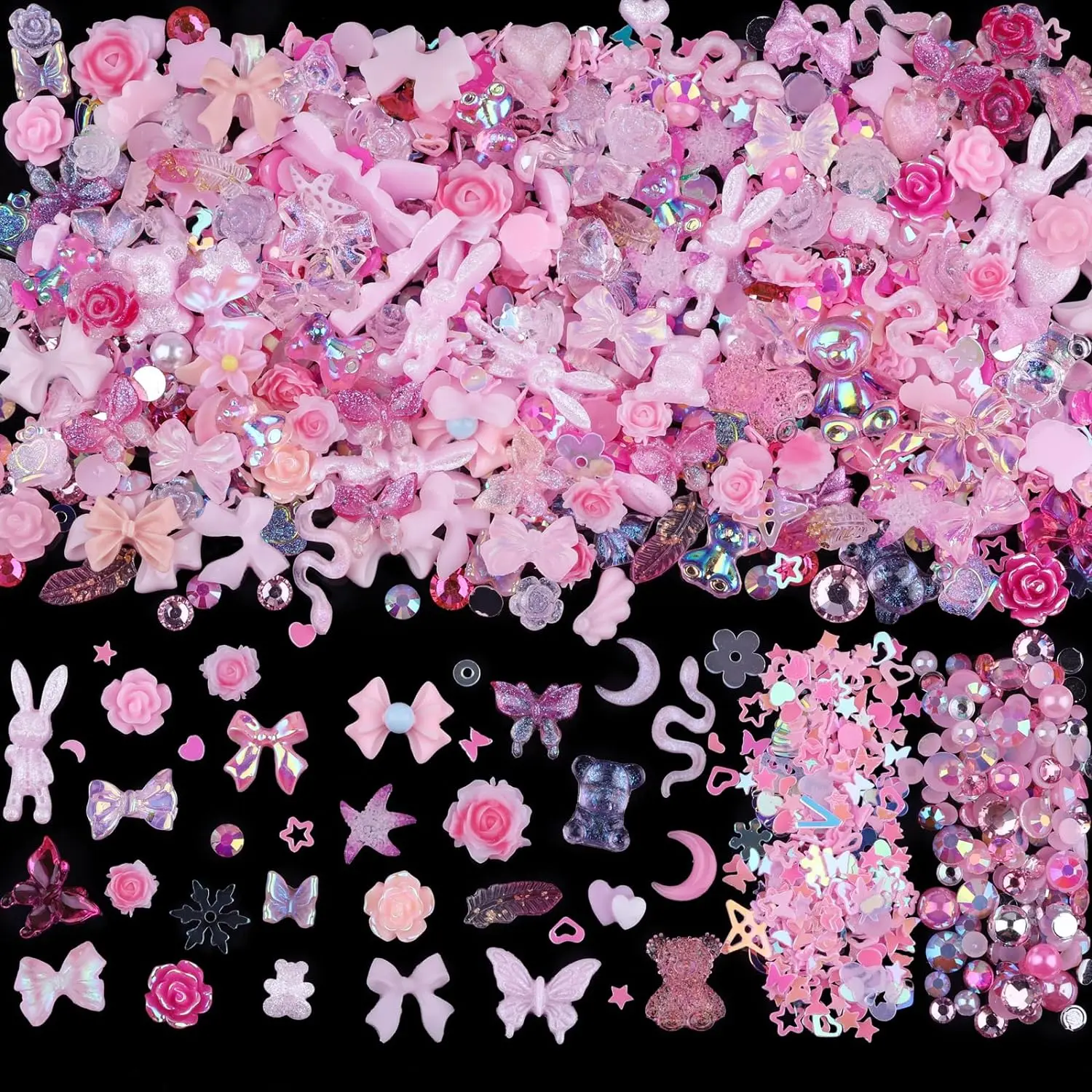 300pcs Nail Art Charms Kit,Over 100pcs Mixshape Resin Nail Gems and 100 pcs Mixed Flatback Nail Rhinestones Pearls with Over 100pcs Nail Sequins for Nail Art Accessories (Pink)