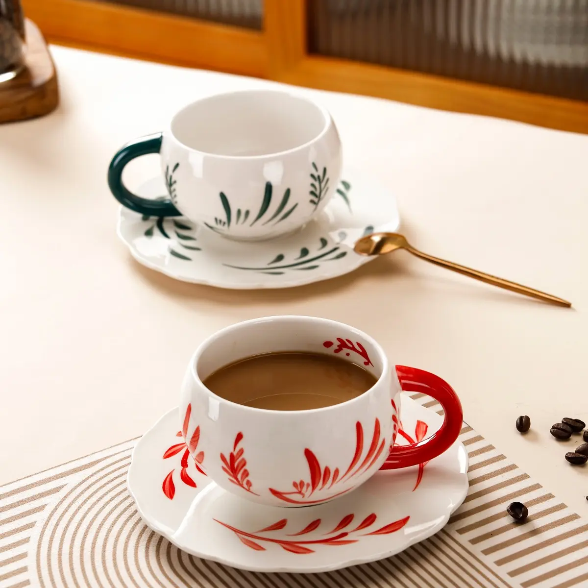 2-Pack Classic Glossy Colorful Leaf Ceramic Coffee Cup and Saucer Set with Spoons, 300ml/10.14oz Rounded Cup Large Belly Drinkware for Brunch, Coffee, Afternoon Tea, 300Ml / 10.14Oz Per Cup, Floral Leaf