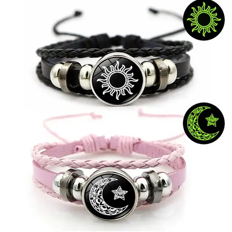 Glow in The Dark Charm Leather Bracelet, Fashion Bracelets, Matching Bracelets, Fashionable Moon & Star Design Bangle for Women & Men, Trendy All-match & Exquisite Jewelry for Birthday Gift