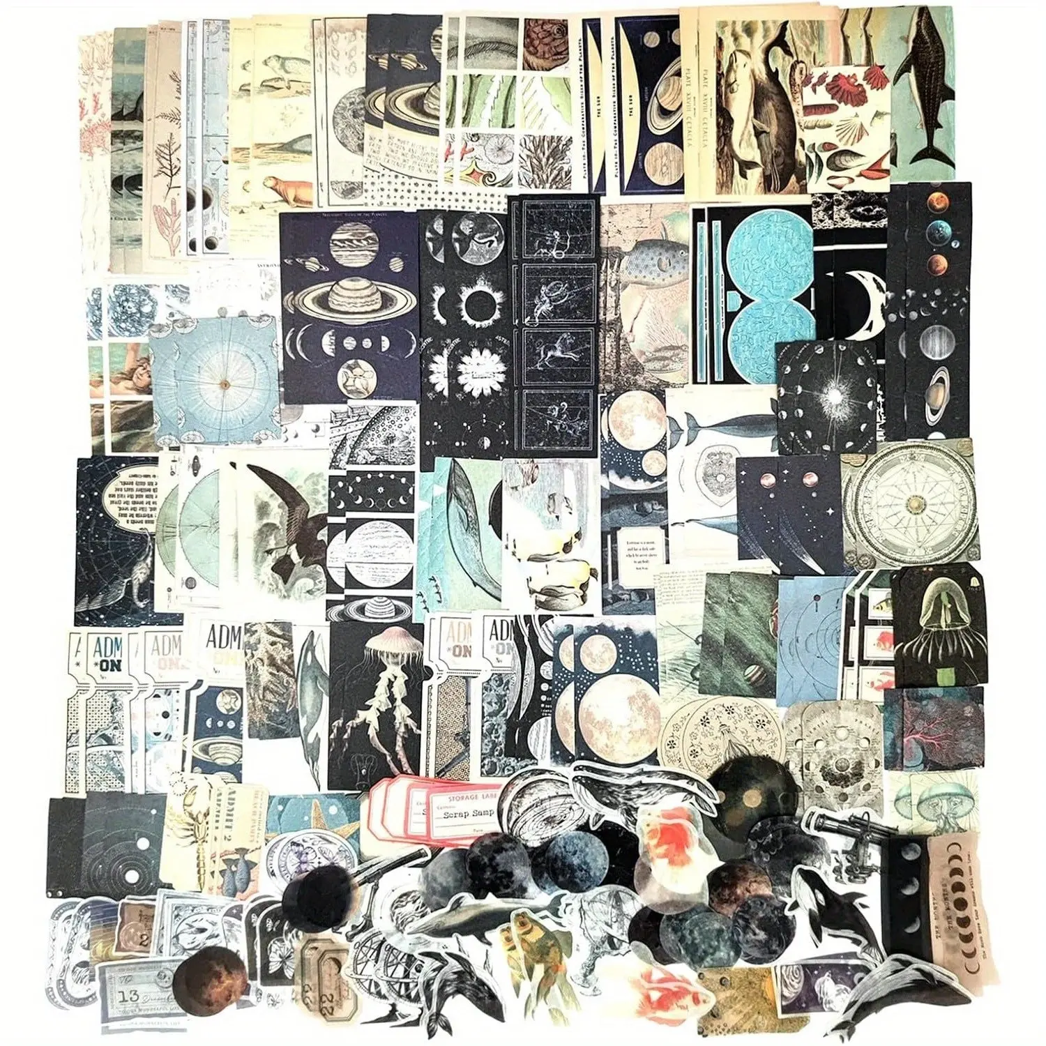 200-Piece Vintage Cosmic Ocean Space Ephemera Scrapbook Supplies Kit - Office Stationery with Papers, Pre-Printed Sticker Paper, Diverse Illustrations for Creativity, Collage Art, Junk Journals, Decor Accessories