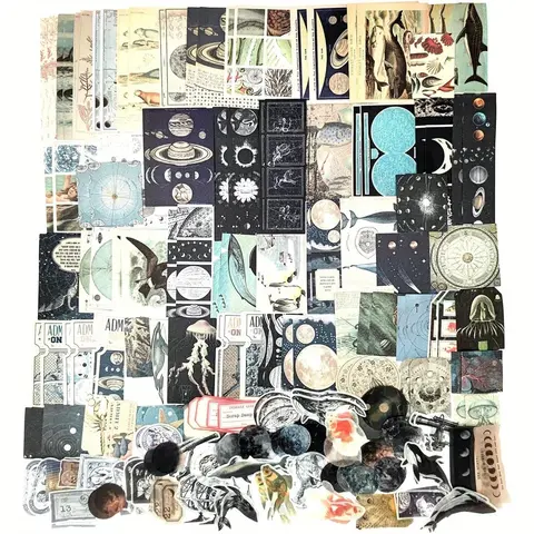 200-Piece Vintage Cosmic Ocean Space Ephemera Scrapbook Supplies Kit - Office Stationery for Journal Lovers, Translucent Whimsical Fantasy Paper, Matte Paper Layers, 80 Washi Stickers, 100 Unique Designs, Creativity & Collage Art Crafting Decoration Aid