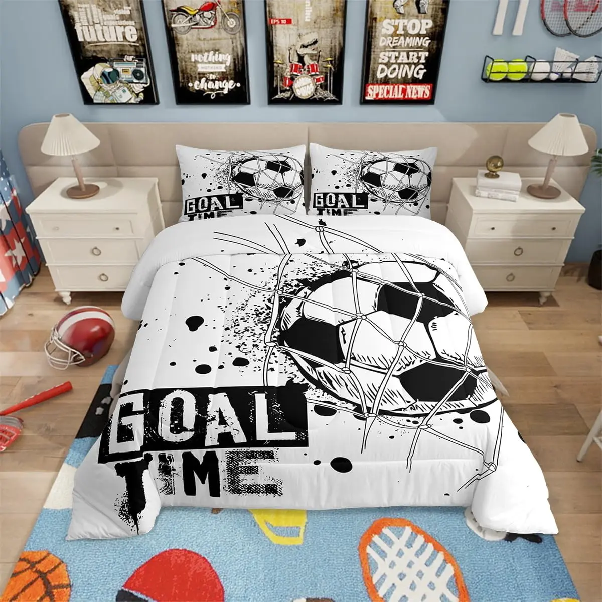 Feelyou Kids Microfiber Football Comforter Set - Soft Breathable Bedding with American Soccer Goal, Geometric Pattern Bedding, Black White Duvet for Boys' Dormitory, Camping Use (Do Not Bleach)