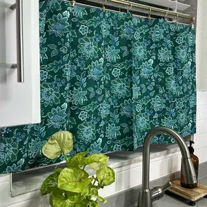 Flowered forest green Handmade Short Cafe Curtain Panel 21x42 French Striped Window Treatment for Kitchen Bathroom Breakfast Nook Timeless Farmhouse Curtain 100% Breathable Cotton Light-Filtering Not Sheer or See-Through