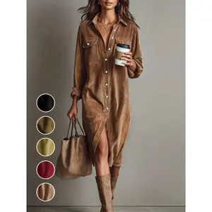 Women's fashionable casual loose corduroy collar dress, double chest pockets, single button long sleeved midi skirt, comfortable daily wear, women's clothingRAIMENTRY