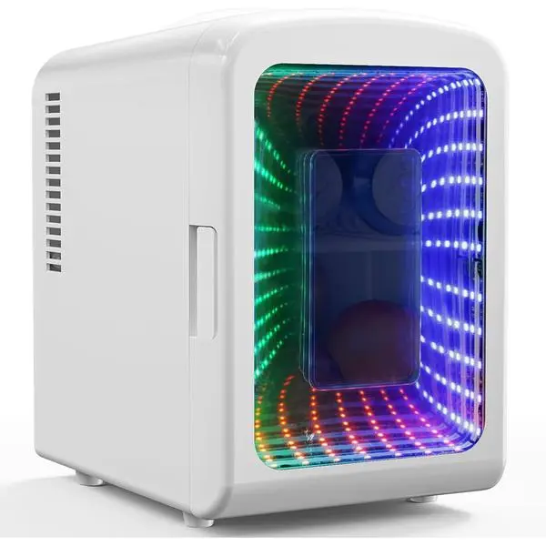 Antarctic Star Mini Compact Refrigerator with Gaming Light, 4L Capacity/6 Cans Portable Mini Fridge, for Bedroom,Car,Office and Dorm, Small Cooler for Cosmetics, Beverage and Food, White