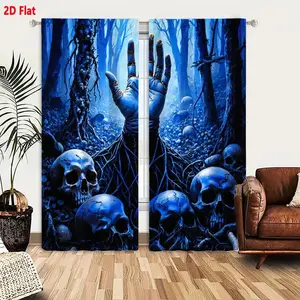 2D Flat 2-Piece Blackout Curtains with Spooky Forest Skeleton Hand & Skulls Pattern, Blue Gray Eerie Gothic Theme Window Drapes for Bedroom Living Room, Twisted Roots & Skull Embedded Dark Forest Design, Ominous Supernatural Decor