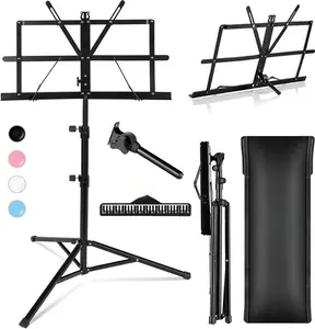 Portable Sheet Music Stand: Dual Use Desktop Book Holder Folding Lightweight Extra  Reinforced with Carrying Bag and Clip for Students Musicians Height Adjustable up to 54.3" CMS0204
