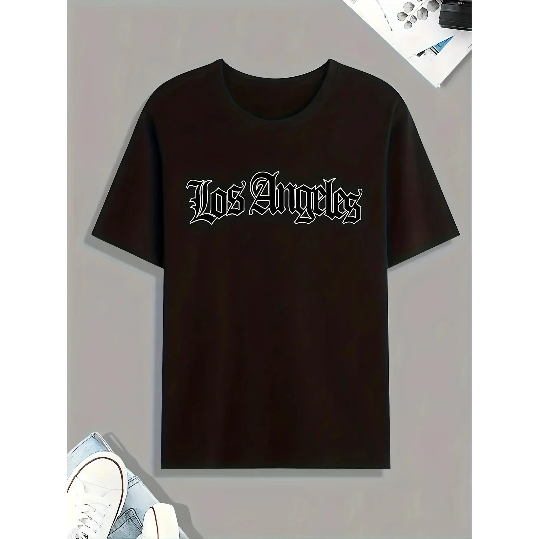 Kids' Casual Short Sleeve Graphic Print T-Shirt - Creative LOS ANGELES Letter Design, Casual Style Shirt, Sports & Outdoor Top for Spring Summer Fall, Gift Option, Graphic Print Shirt