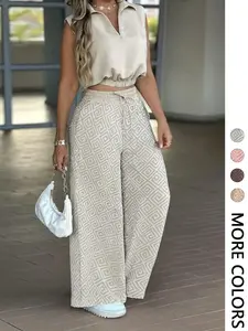2-Piece Women's Casual Commuter Set, Sleeveless Collared Waist-Defined Top with High-Waisted Drawstring Wide-Leg Pants