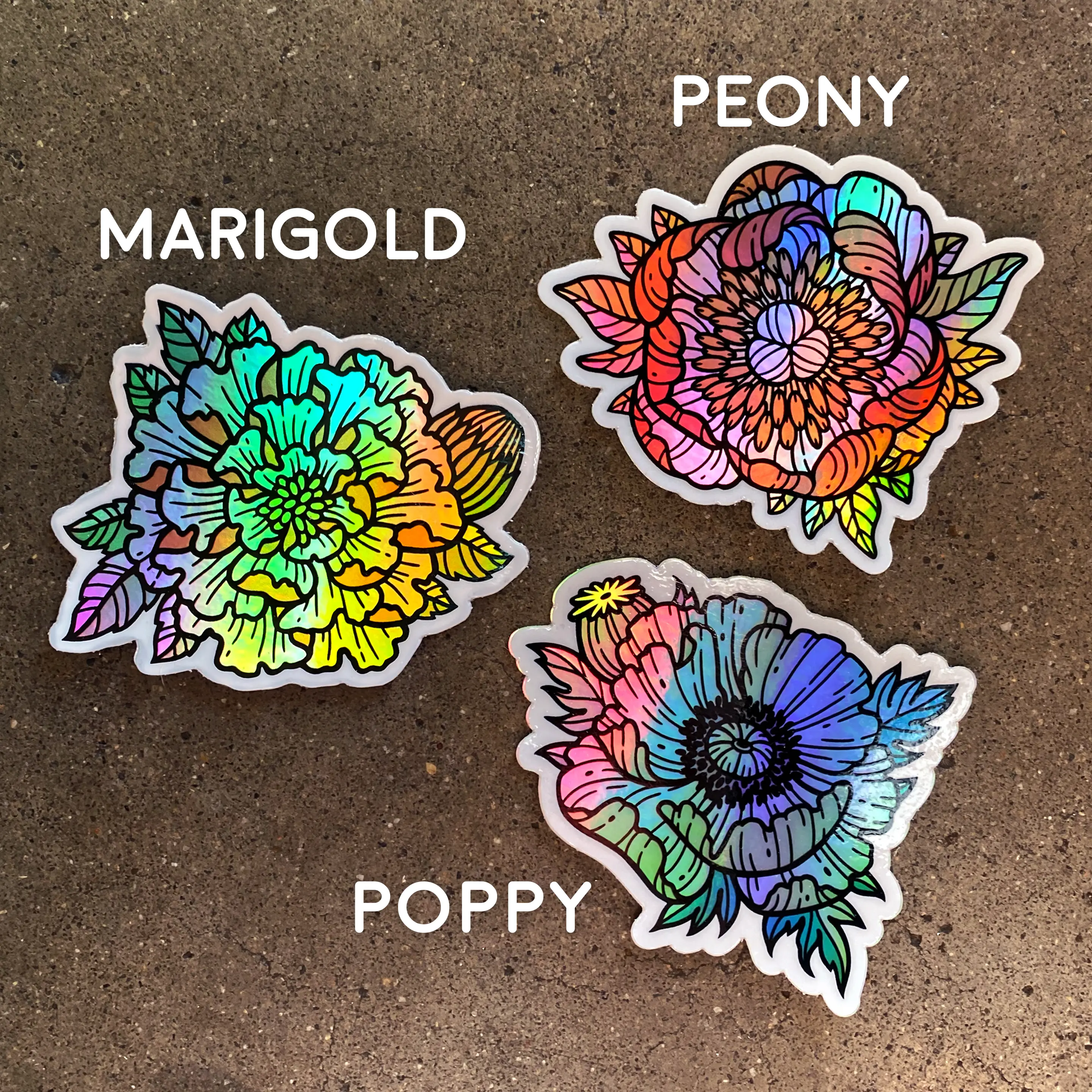 Flower Stickers - Holographic Stickers - 2x3" Vinyl - Peony, Poppy, Marigold - Rainbow, Shiny - Great for Water Bottle, Laptop, Notebook - Nature, Floral, Botanical - Water-proof & Scratch-proof, Durable