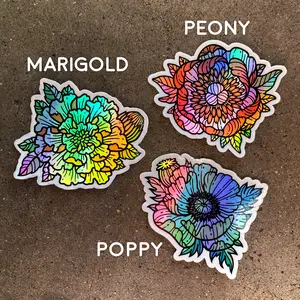 Flower Stickers - Holographic Stickers - 2x3" Vinyl - Peony, Poppy, Marigold - Rainbow, Shiny - Great for Water Bottle, Laptop, Notebook - Nature, Floral, Botanical - Water-proof & Scratch-proof, Durable