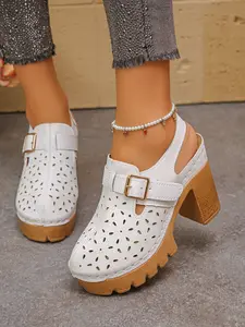 Summer New Fashion Vintage Hollow Out Thick Sole Slipper Buckle High Heel Women Sandals, Breathable Outdoor Wear, Sexy Plain PU Shoes