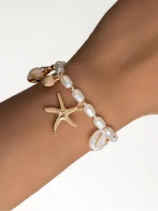 Faux Pearl & Starfish Decorated Bracelet, Beaded Bracelets, Boho Style Jewelry for Women & Girls, Fashion Jewelry for Party, Daily Clothing Decor, Trendy Jewelry for Birthday Gift