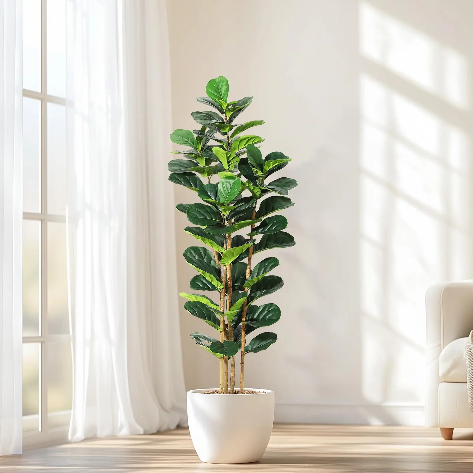 Faux Fiddle Leaf Fig Tree 5/6/7 FT, Artificial Ficus Tree with Tall Artificial Plants, Lifelike Fake Tree for Home Decor, Decorative, Room