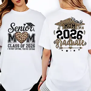 180g[100%cotton]Senior Mom Class of 2026 Leopard Print T-Shirt, Proud Mom of a 2026 Graduate T-Shirt, Fun Graduation Mom Front Back Tee