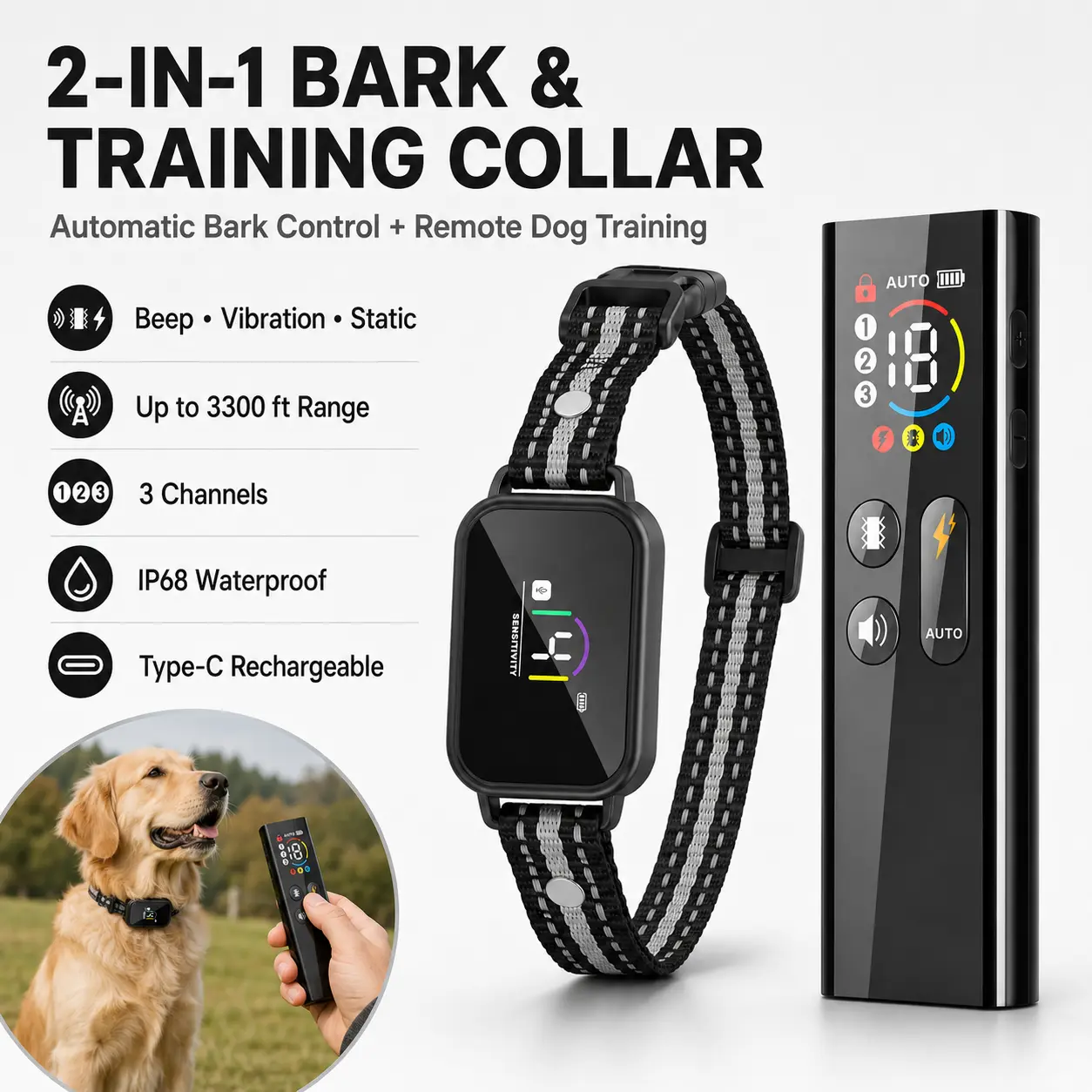 Waterproof 2-in-1 Remote Dog Training & Auto Bark Collar, Black, 1 Pack (Dog Training & Behavior Aid Accessory)