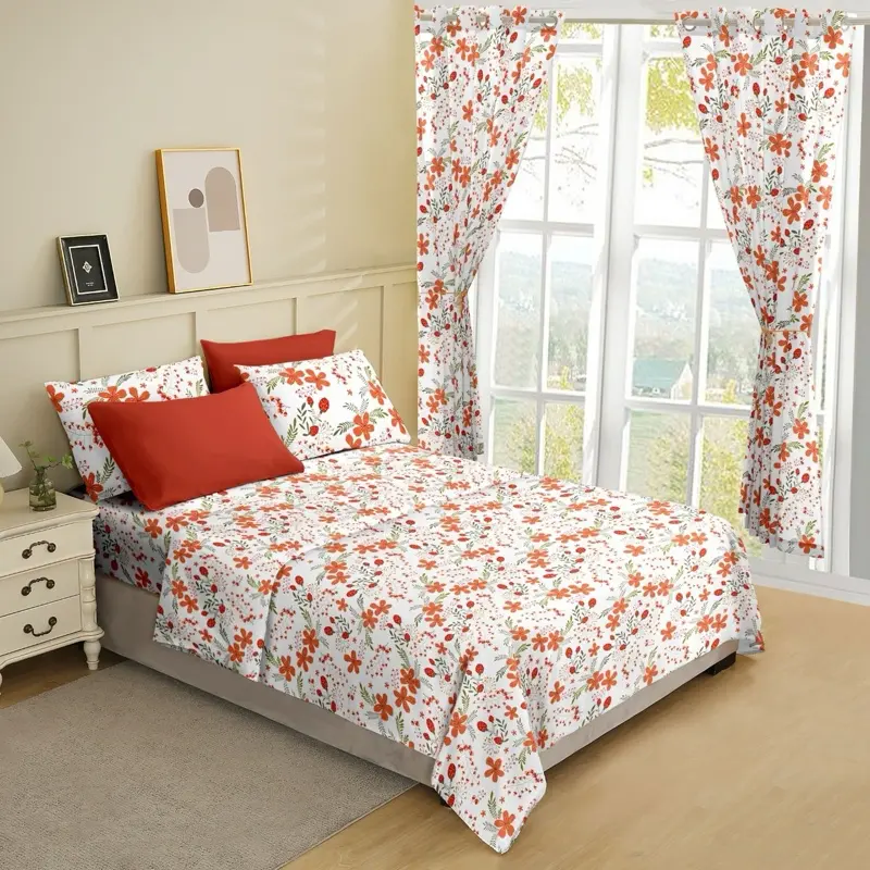 Bedsheet Set - 8 Pieces with 2 Curtains, 4 Pillow Cases, 1 Fitted Sheet & 1 Flat Sheet