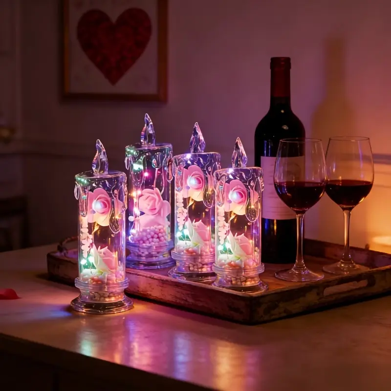 Set of 4 pink rose flameless candles, LED simulated flower night light, romantic faux candle tabletop decor, suitable for bedroom decoration, weddings, and proposal arrangements