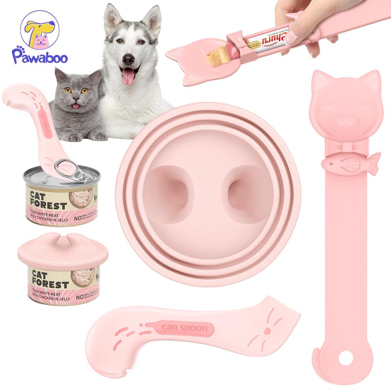 3PCS Pet Cat Dog Feeding Supplies Set, Cute Paw Silicone Can Lids (12.5oz,13oz,5.5oz), Anti-Slip Handle Can Opener Spatula Spoon, Strip Feeder Squeeze-Up Treat Spoon, Cat Day Gift Essentials