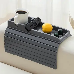 Bamboo Couch Cup Holder Arm Tray,Foldable Couch Drink Holder Armrest Table,Sofa Arm Rest Tray,Arm Chair Table Recliners for Drink,Cups, Snacks, Phone, Remote (Grey)
