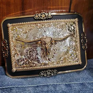 Longhorn Western Silver Rose Gold & Black Enamel Buckle 4.5x3.0" Rodeo Cowboy Design for Upto 2" Belts, High Quality Zinc Alloy