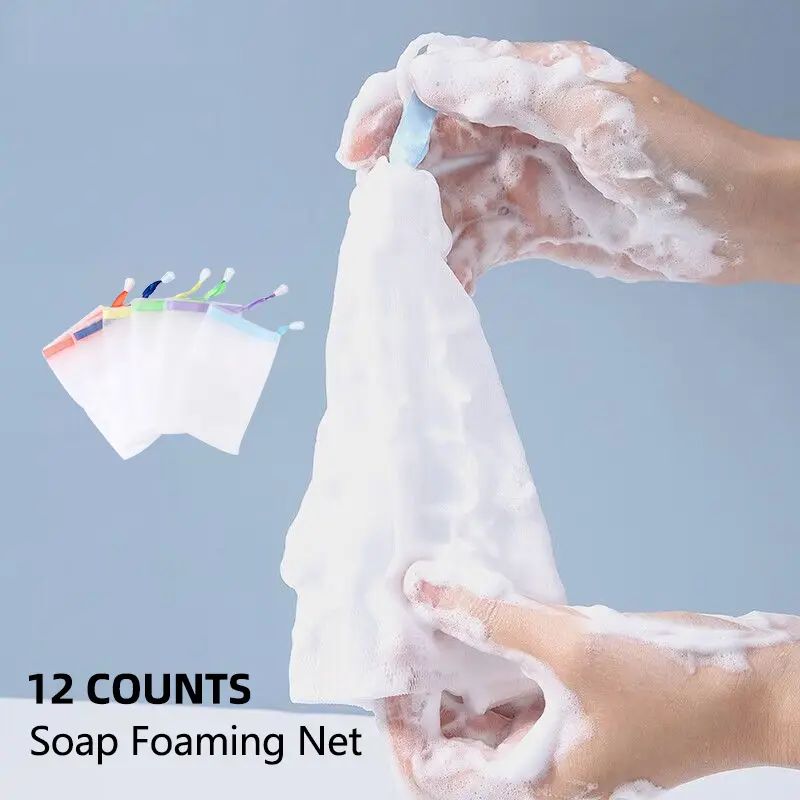 12 PCS Soap Bags Handmade Soap Bubble Mesh Bags Exfoliating Soap Saver Pouch Net Bags with Drawstring Body Facial Cleaning Tool for Bath & Shower (Ass