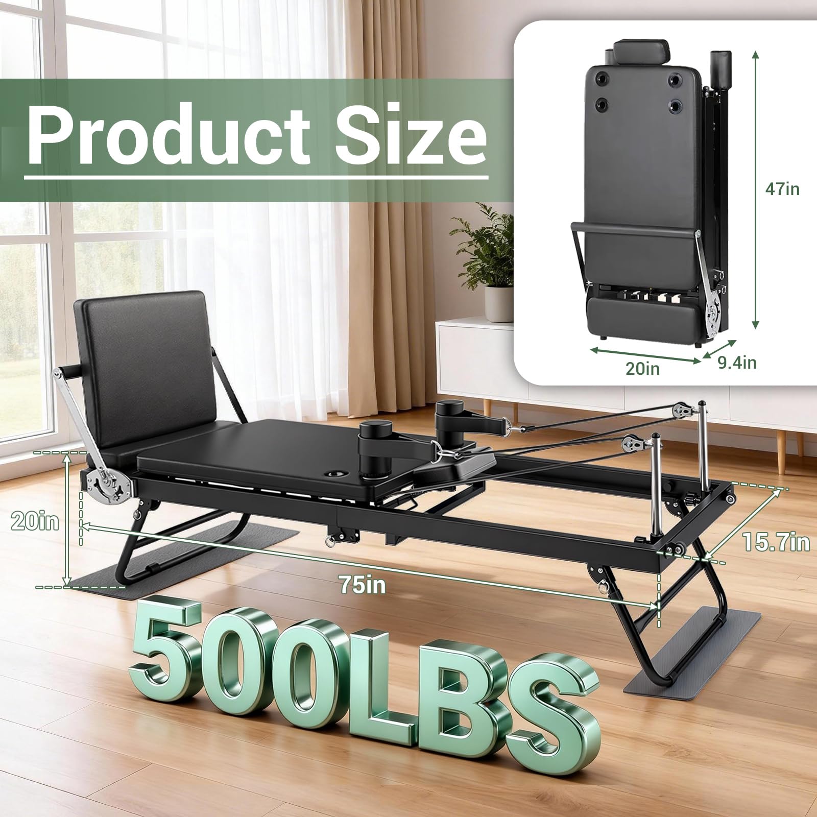 Foldable Pilates Reformer Machine 500 LBS Weight Capacity Tool Free Compact Design Home Gym Equipment Suitable Beginners Advanced Users