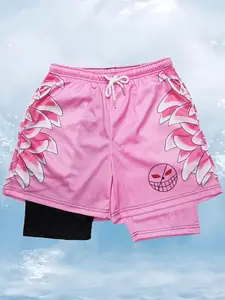 Men's Colorblock & Cartoon Print Drawstring Waist 2 in 1 Sports Shorts, Streetwear Sports Shorts, Gym Shorts, Regular Fit Sporty Pocket Quick Drying Breathable Track Bottoms, Men's Sports Clothes for Summer