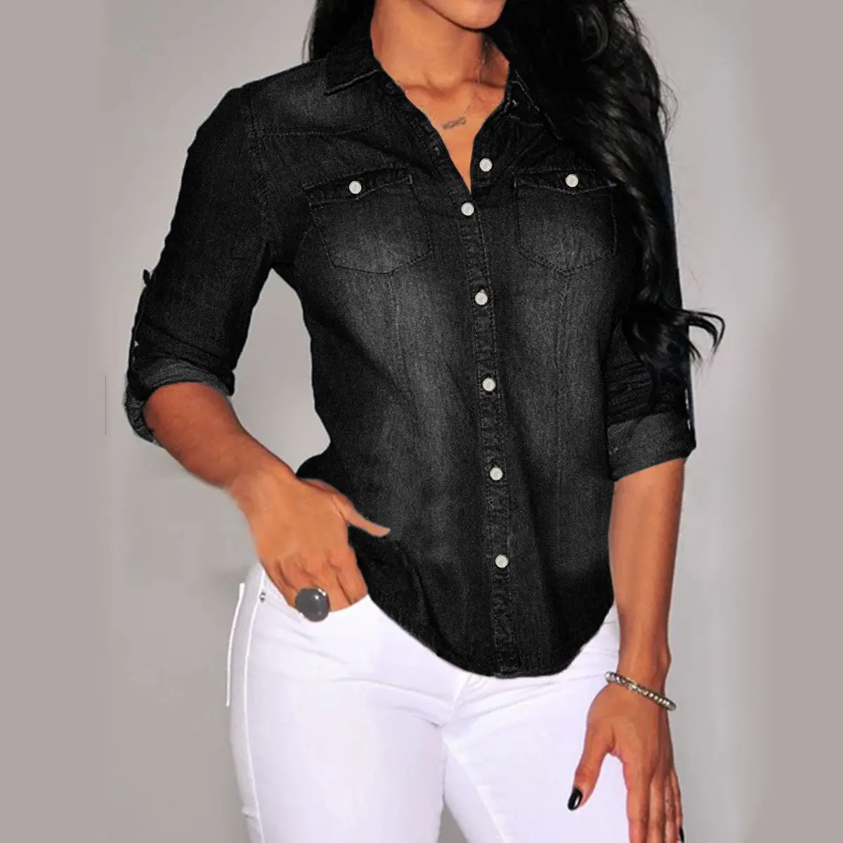 US Shipping] Women's Fitted Collared Black Denim Button-Up Blouse - MW  Shiny Basic Fabric, Sleeves, Pockets, Classic Western-Inspired Casual  Style, Women's Clothes - TikTok Shop