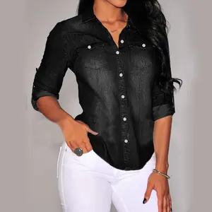 [US Shipping] MW Shiny Stylish Black Denim Button - up Shirt for Women - Classic Western - inspired Design