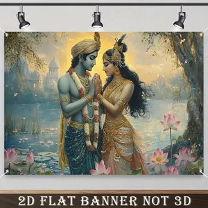 2D Flat Banner, 1pc Krishna and Radha Polyester Wall Hanging - Vibrant Love-Themed Artwork, Traditional Indian Wedding & Anniversary Decor, Romantic Cultural Backdrop for Parties, Birthdays, Home Decor, Cultural Home Decor | Traditional Indian Art