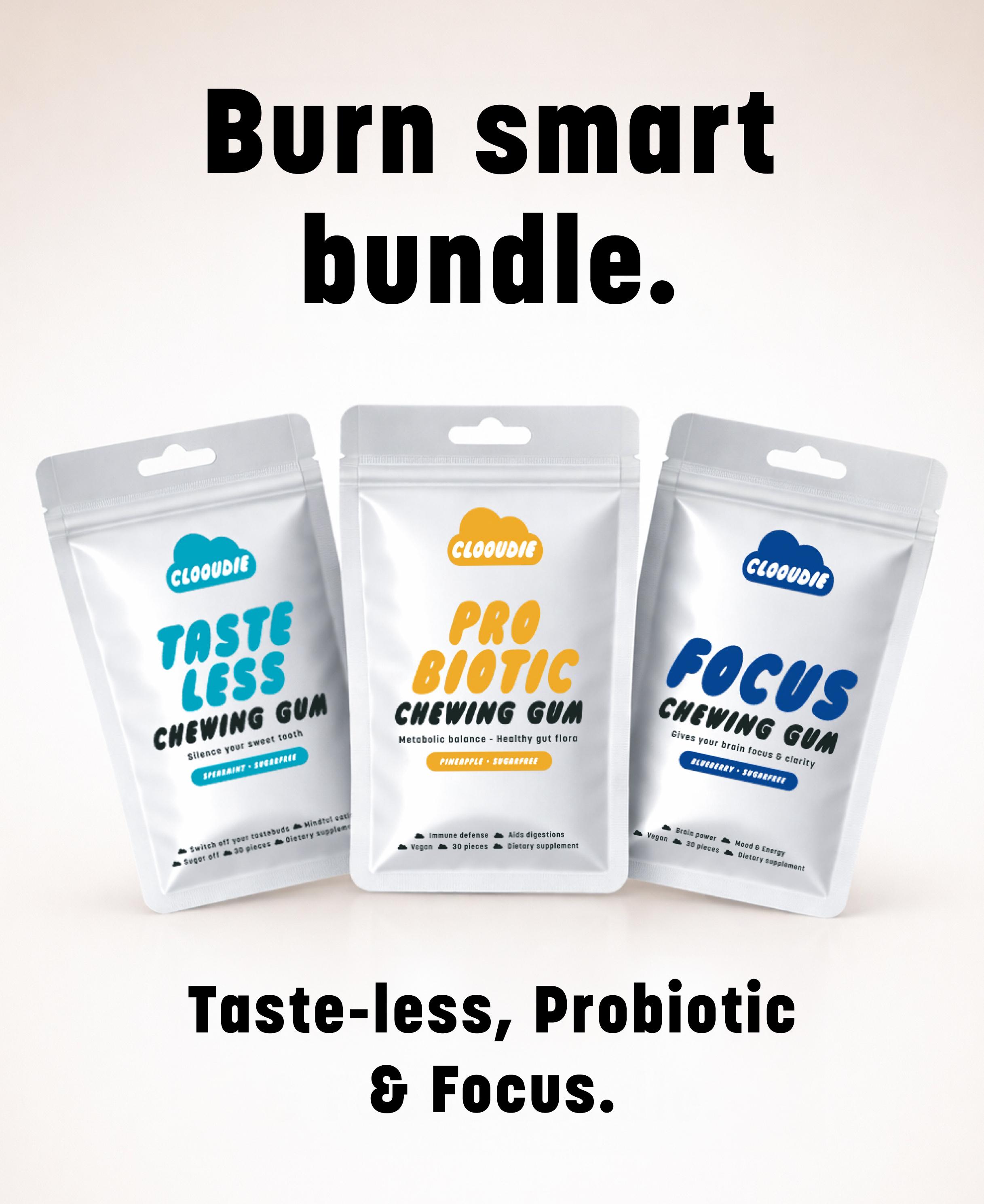 Clooudie Burn Smart Bundle: Tasteless Chewing Gum + Probiotic Chewing Gum + Focus Chewing Gum, Support Gut & Digestive Wellness, Reduce Sweet Signal, Help With Eating Healthy, Activate Focus, Clinically Tested, Vegan, Non-GMO & Sugar-Free
