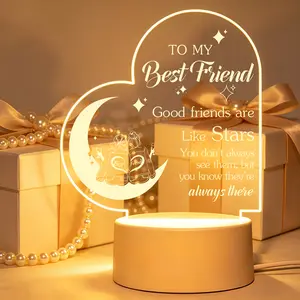 Heart Moon Best Friend Silhouette Acrylic LED Night Light - Friendship Quote Lamp, Light Up Your Space, Birthday Christmas Keepsake Gift For Bestie