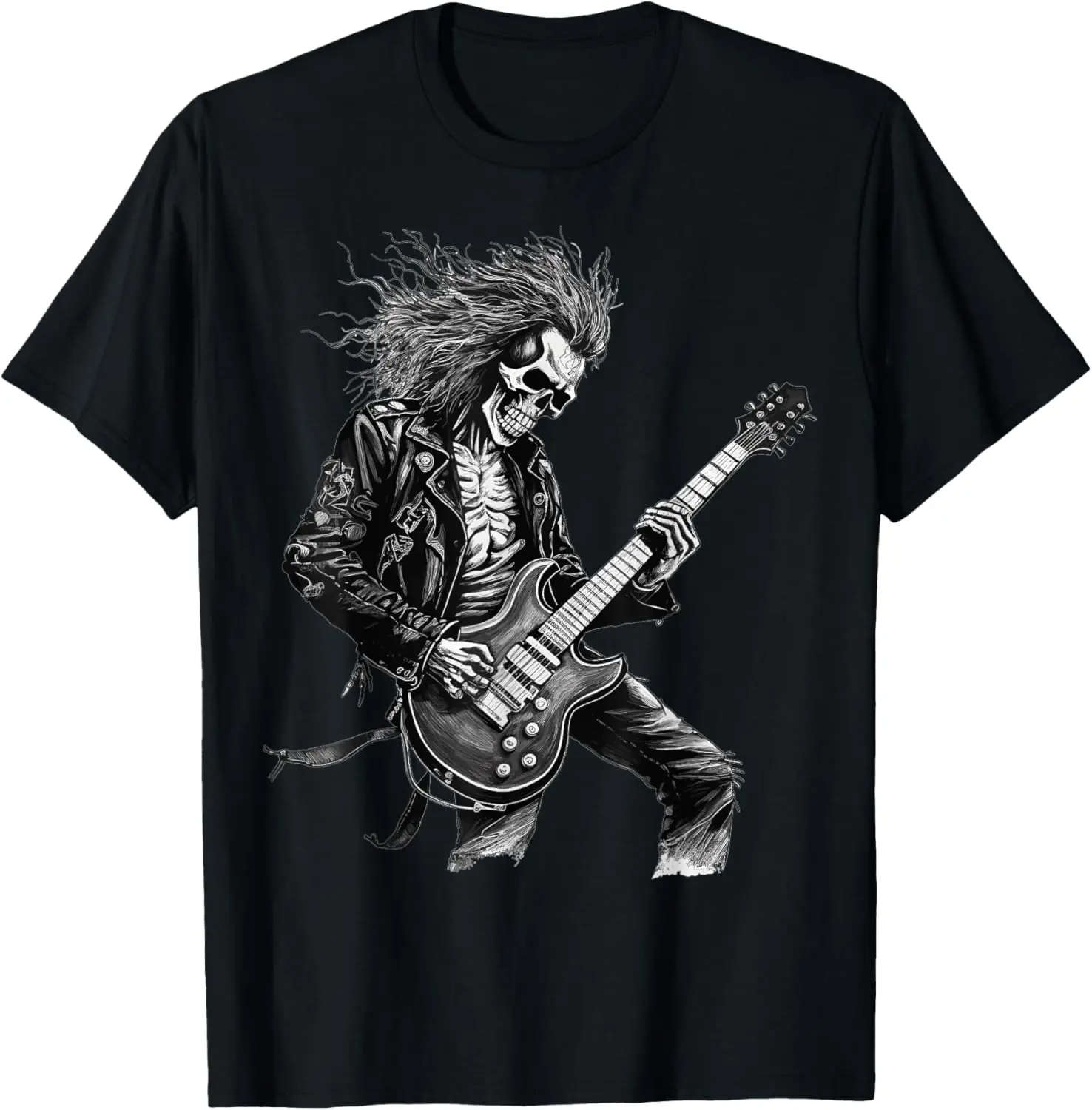 Cotton(pure) Skeleton Guitar Guy Rock And Roll Band Rock On T-Shirt