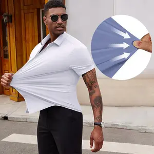 Men's Wrinkle-Free Short Sleeve Dress Shirt -  Polyester/Spandex Business Casual Button- with Chest Pocket, Lightweight Summer Shirt for Office & Formal Events, Machine Washable, ELESOL