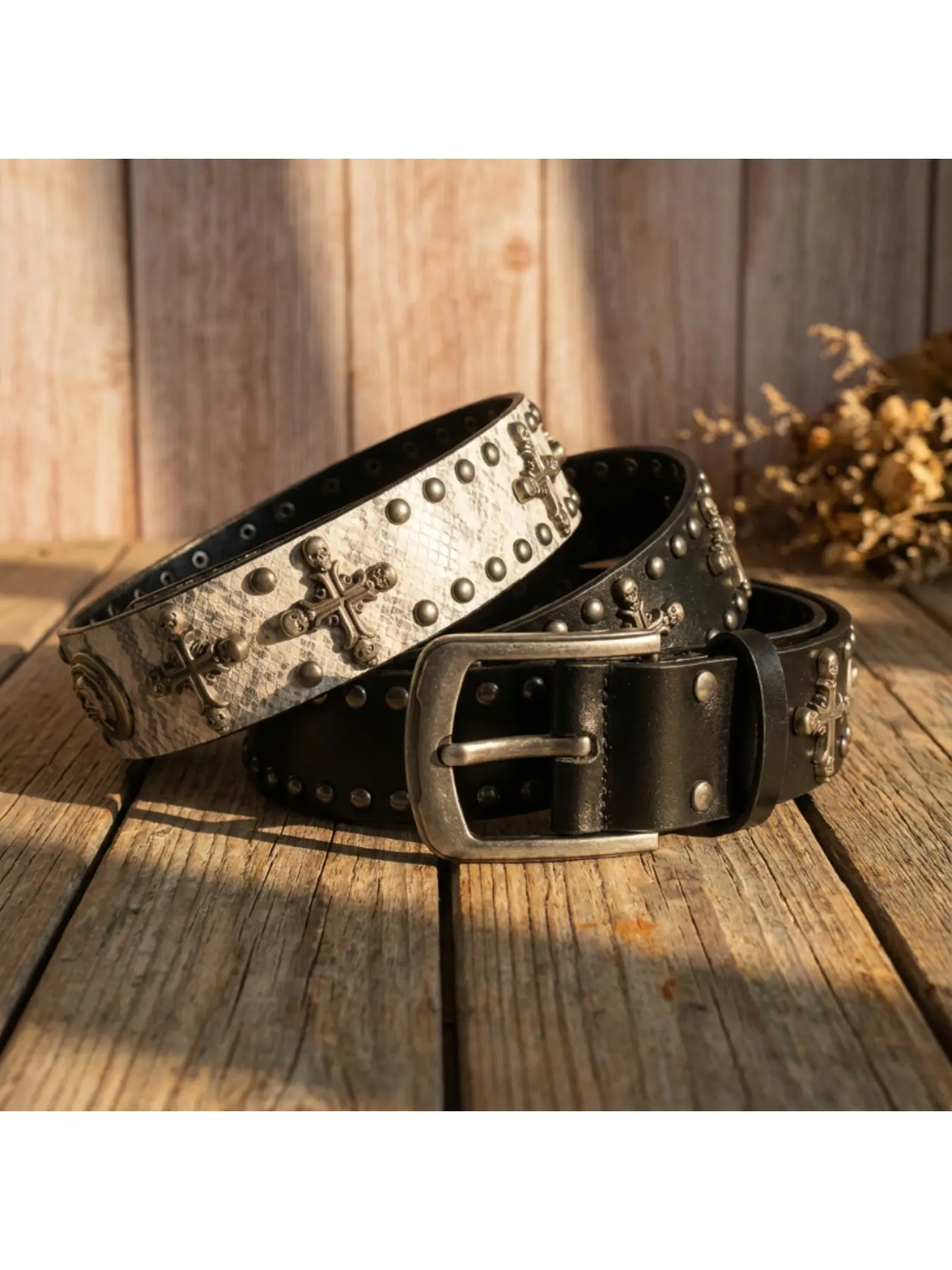 小物 - 2000s Punk Skull Cross Studded Belt Original Cross & Skull Belt – White Leopard Print Studded Punk Y2K