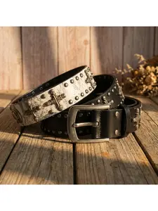 Original Cross & Skull Belt – White Leopard Print Studded Punk Y2K Clubwear Statement Waist Strap