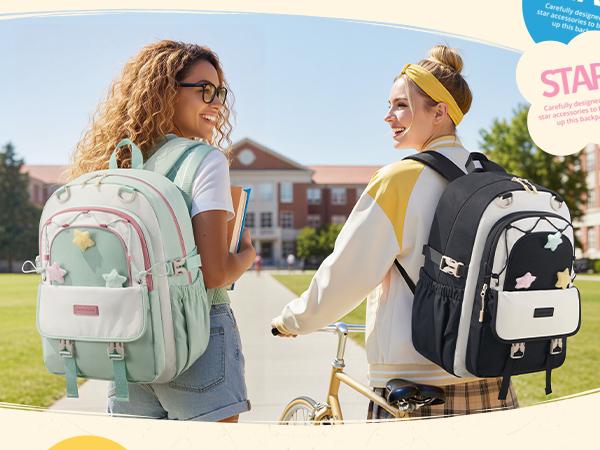 LOVEVOOK School Backpack for Teen Girls, Cute Lightweight Bookbag with Star Charm, Large Capacity Backpack Fits 15.6 Inch Laptop, Water Bottle Holder, Gift for Kids & Students