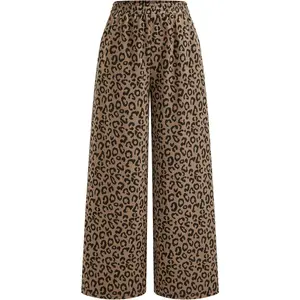 Leopard Print Wide Leg Pants Sweatpants Elastic Waist Casual Trousers with Pockets