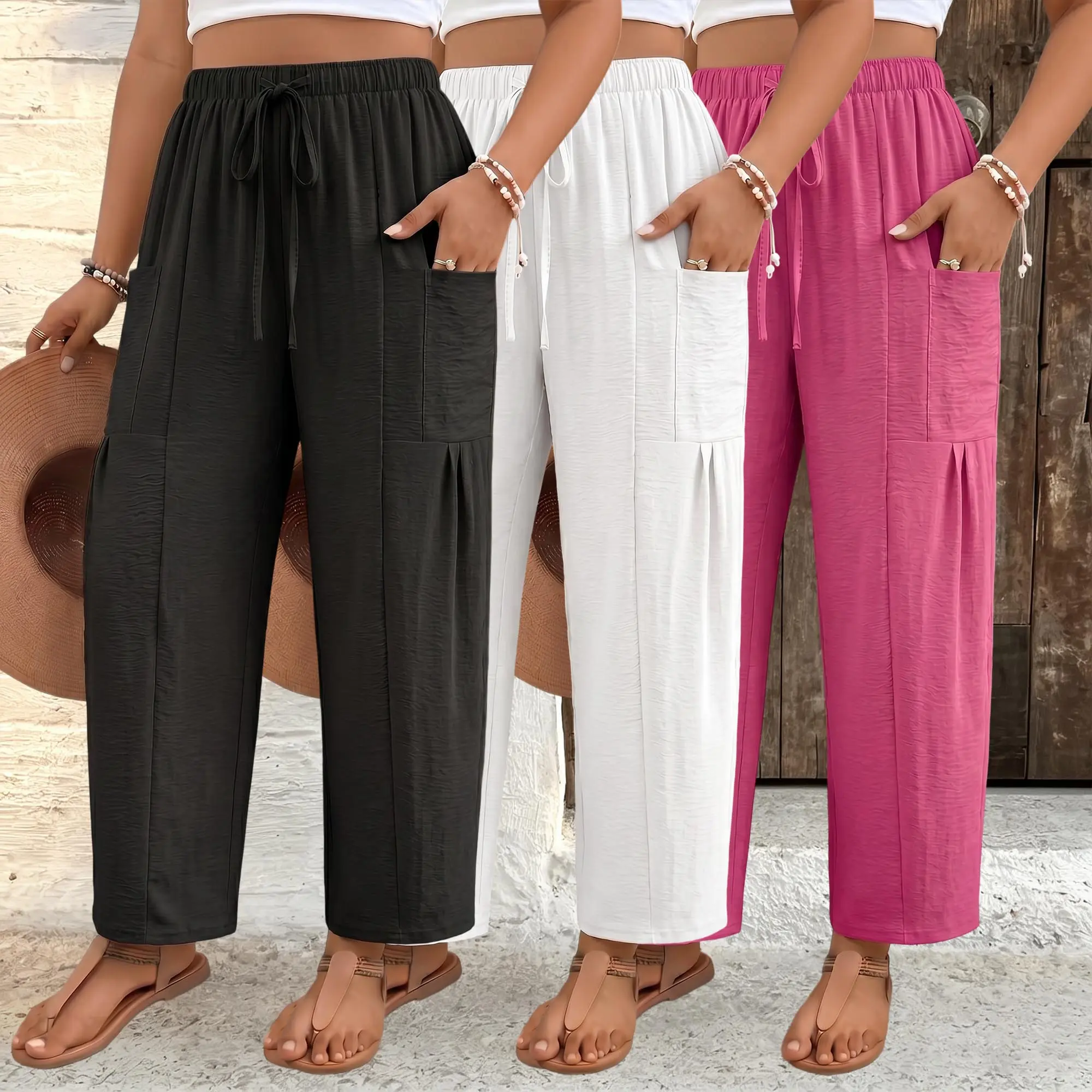 Three-pack women’s solid-color wide-leg pants, 100% cotton, featuring an elastic waistband with a drawstring and pockets.Loose straight-leg casual pants, lightweight and breathable.