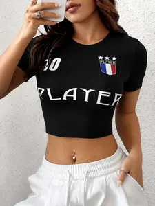 Women’s Black No.10 Soccer Crop Top, French-Inspired Player Graphic Baby Tee, Sporty Y2K Cropped Shirt