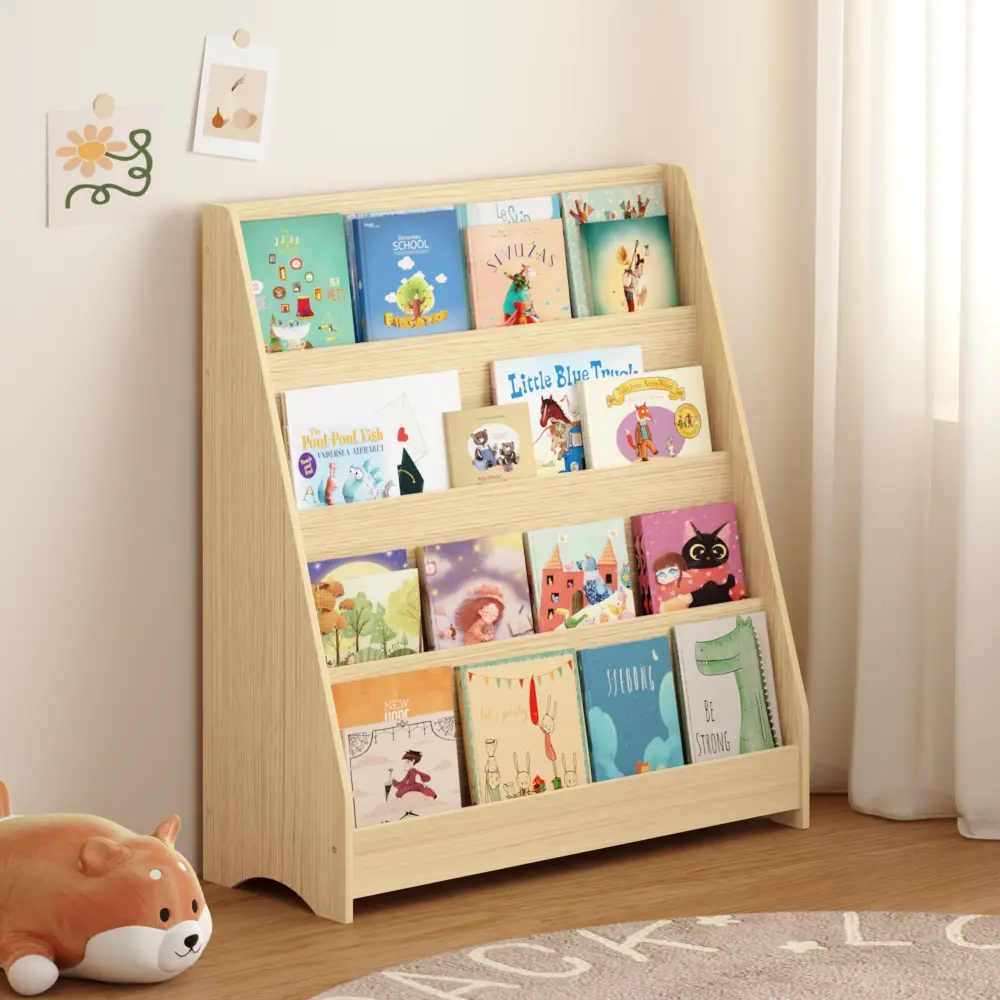 4-Tier Kids  Natural Open Display Design for Bedrooms Playrooms Classrooms Sturdy Triangular Support Structure Safe Rounded Edges High-Quality Particle Board  shelf target bookshelf, Multi-Use
