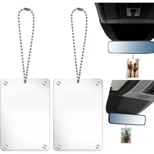 2Pcs DIY Personalized Photo Car Rear View Mirror Holder Magnetic Transparent Hanging Ornament Vertical Picture Frame Decoration Men's Car Accessories Stuff Acrylic Lightweight Hangable Pendant Decor with Lanyard for Vehicle Women Girls Memory Display Gift