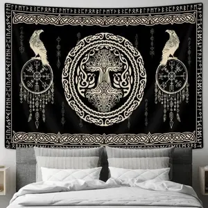 Viking Norse mythology tapestry, black and white life tree, birds with wisdom and Celtic symbols, medieval-style bedroom wall hanging, indoor polymer fabric decoration