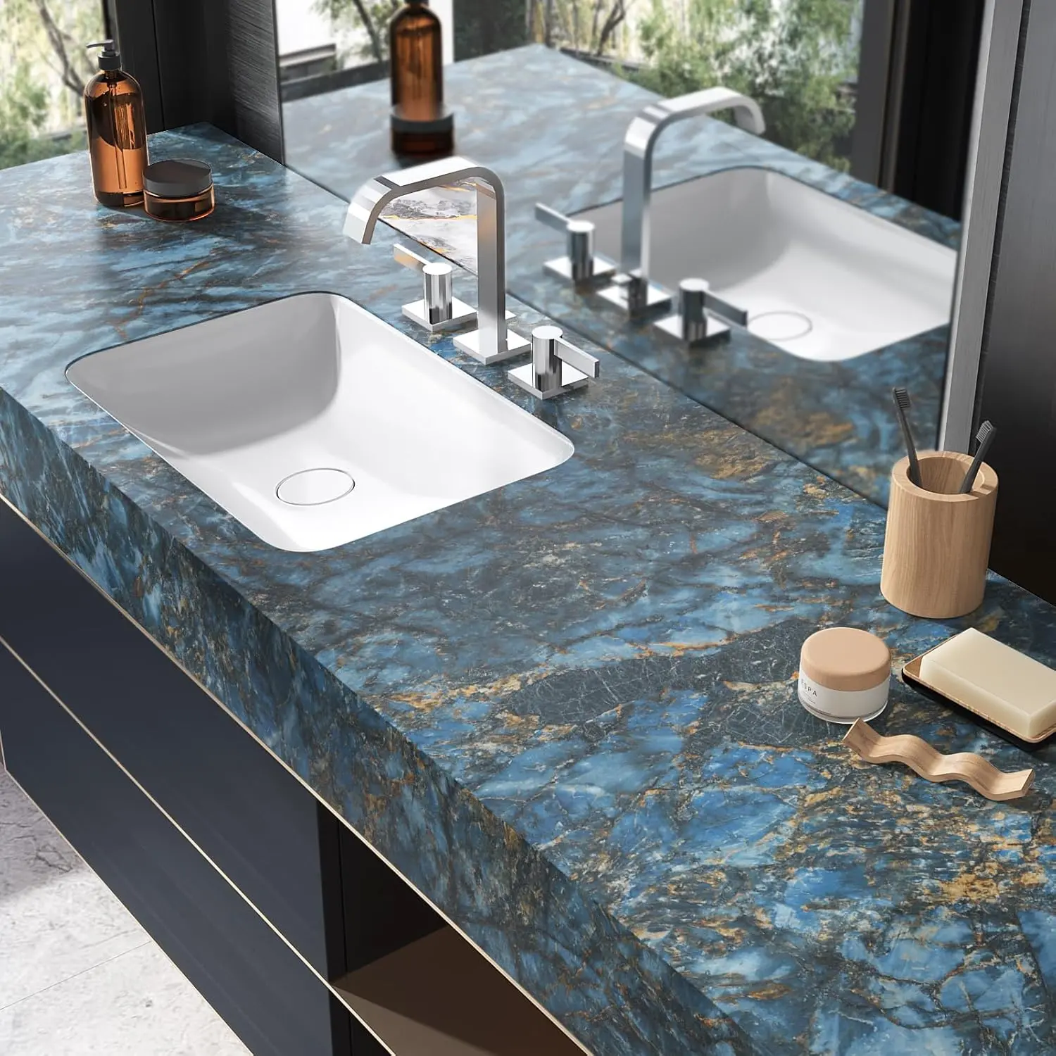 VEELIKE Blue Gold Marble Peel-and-Stick Contact Paper - 24-in Wide Matte Vinyl Faux Stone Peel Wallpaper, Self-Adhesive Sticker Cover Wallpaper for Indoor Use on Countertops, Kitchen Island Backsplash